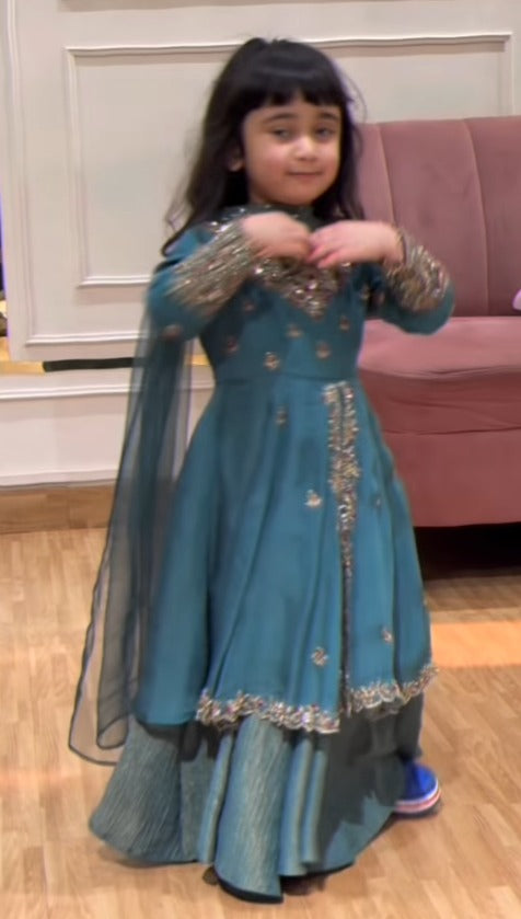 Teal Blue Embellished Gharara Set for Girls